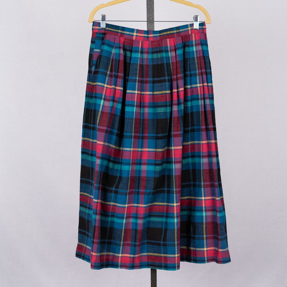 Vintage Colorful Rainbow Academia Pleated Waist Plaid Skirt Midi Length MEDIUM